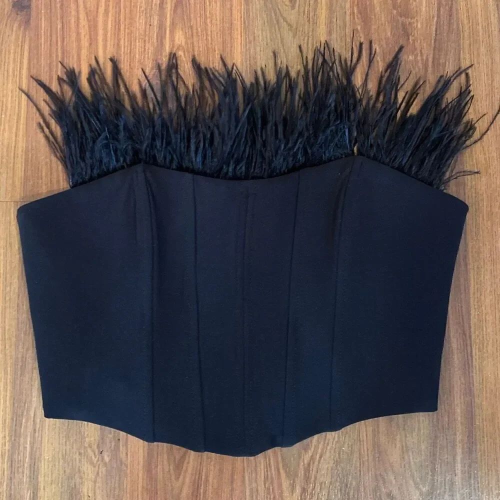 Zara black bustier strapless top with feathers. Size s